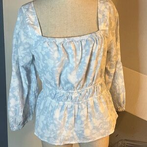 Light Blue Floral Square-Neck Peasant Blouse